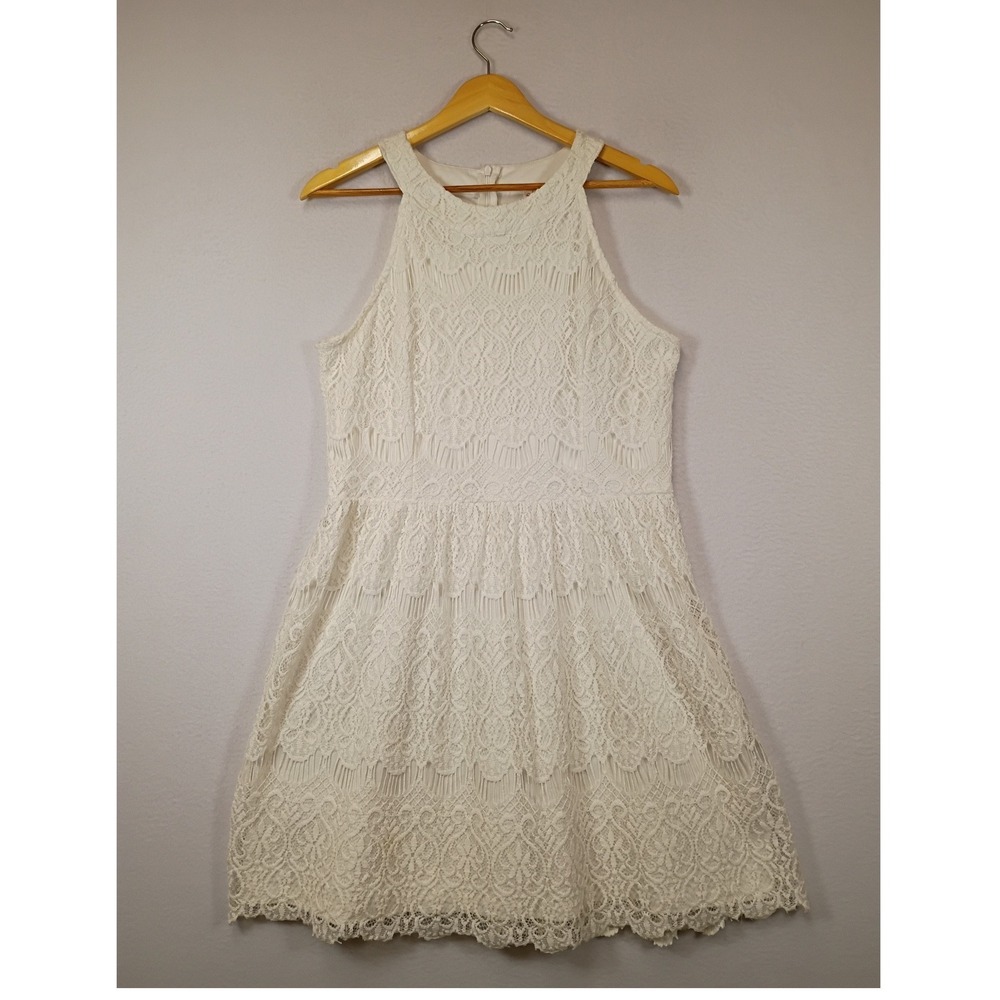 Cottagecore Pinky Women Large Cream Floral Tiered Lace Halter Mini Dress